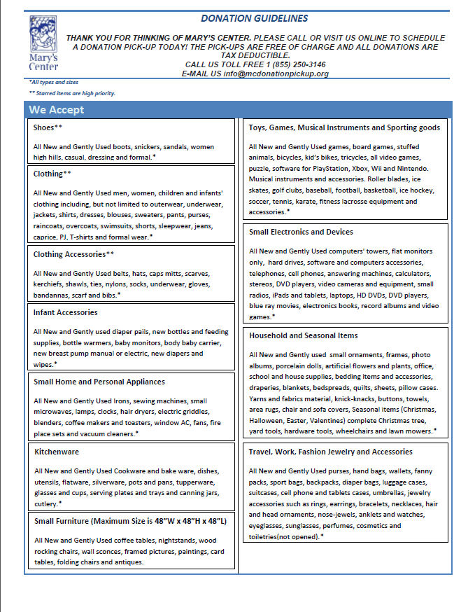 Donation Guidelines Mary's Center Donation Pickup